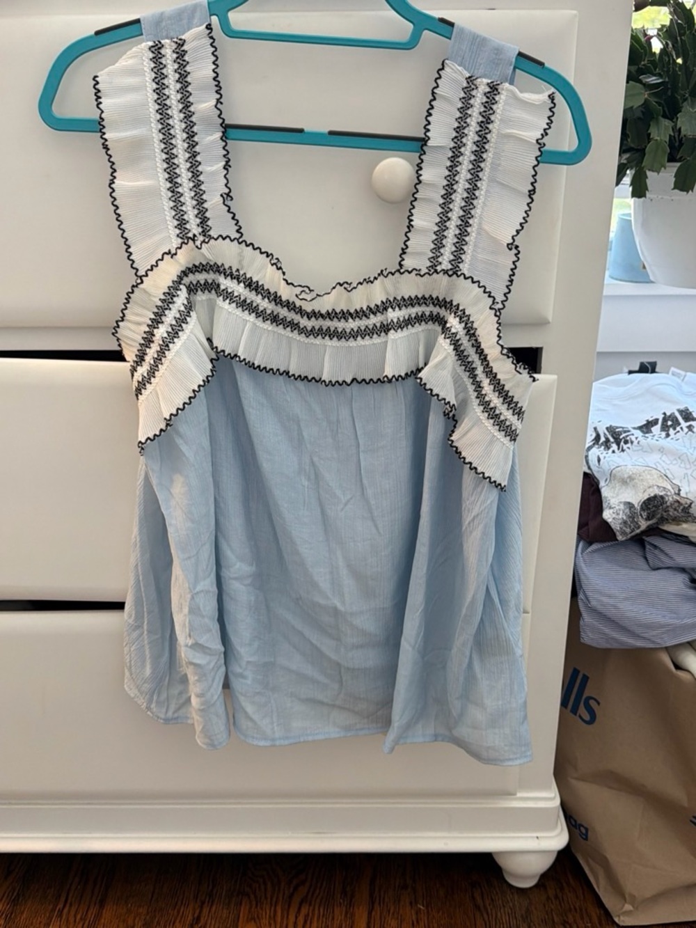 SHEIN Light Blue Tank Top with White Ruffle and Black Stitching